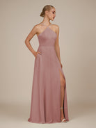 KissDress-Ione Dusty Rose A Line Chiffon Halter Neck Long Bridesmaid Dress with Slit