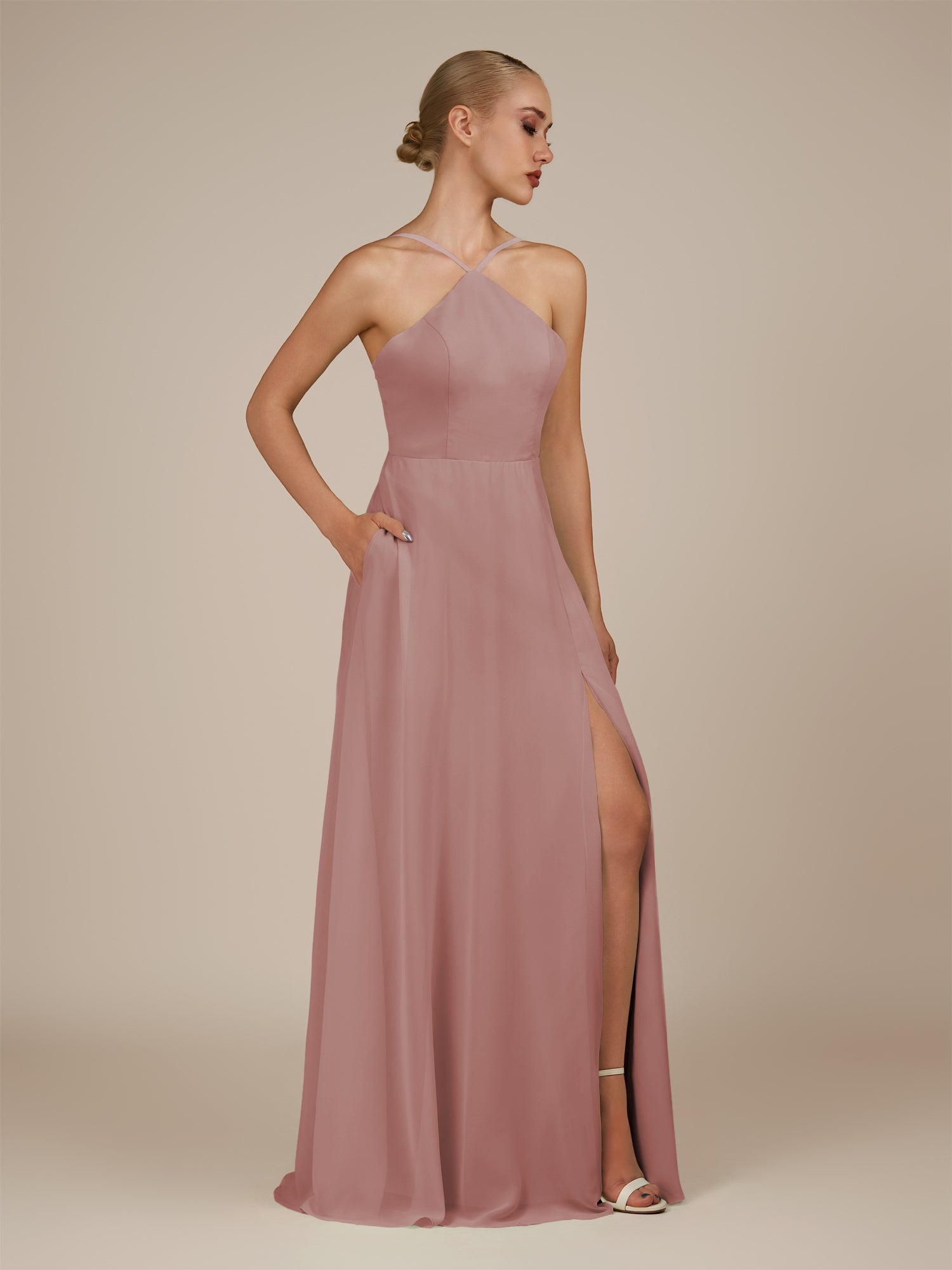 KissDress-Ione Dusty Rose A Line Chiffon Halter Neck Long Bridesmaid Dress with Slit