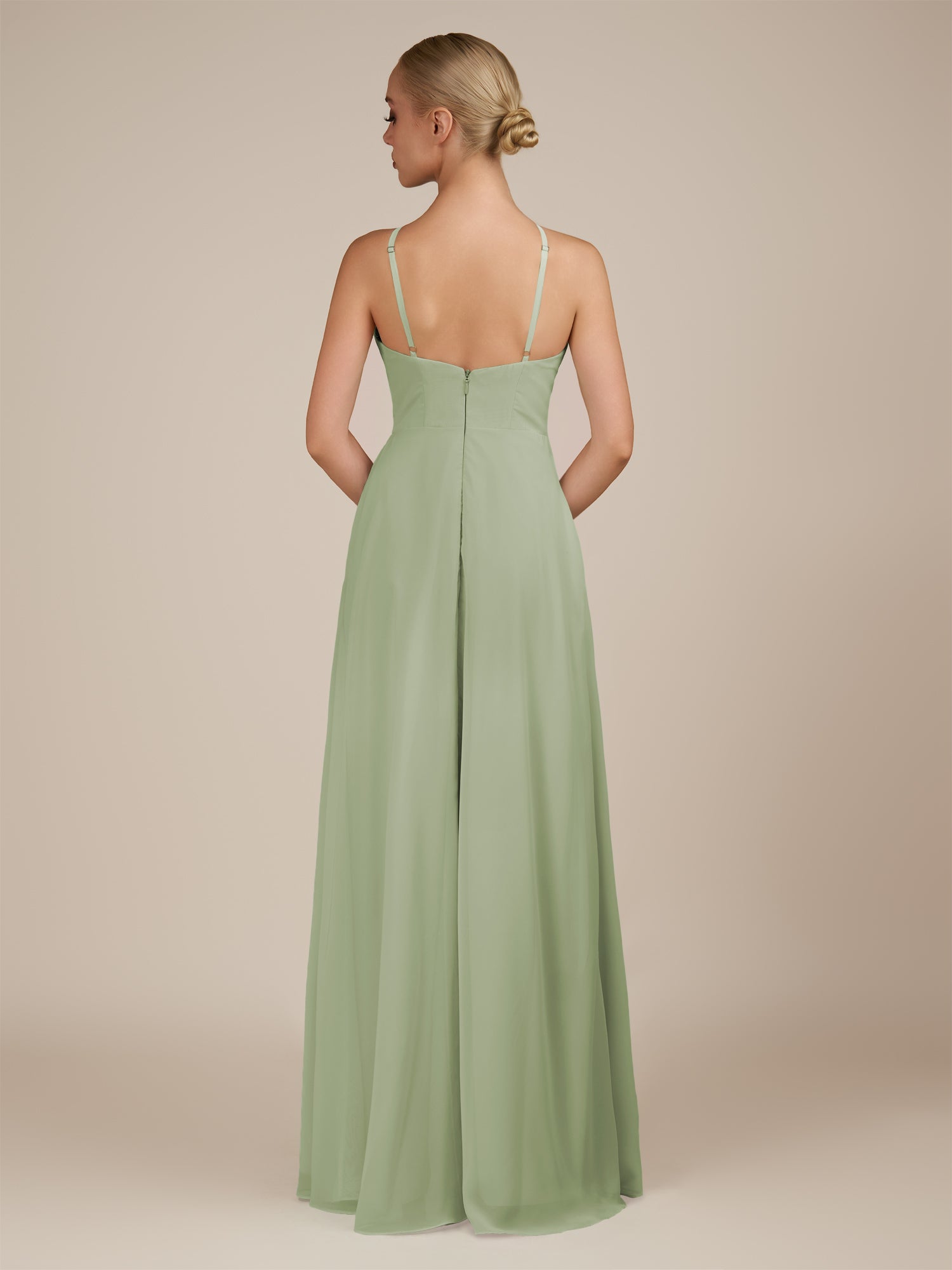 KissDress-Ione Dusty Sage A Line Chiffon Halter Neck Long Bridesmaid Dress with Slit