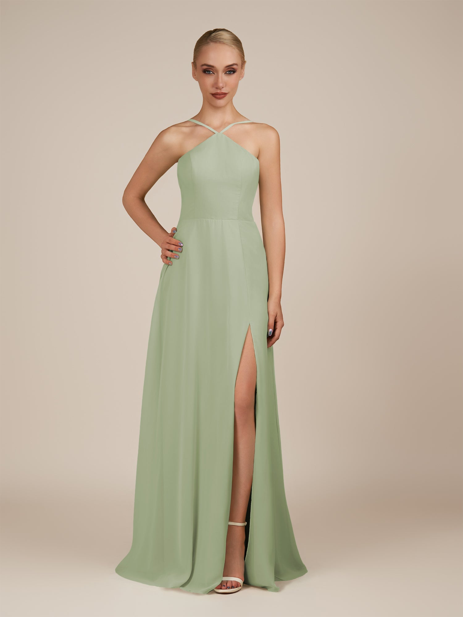 KissDress-Ione Dusty Sage A Line Chiffon Halter Neck Long Bridesmaid Dress with Slit