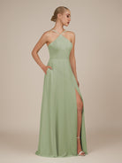 KissDress-Ione Dusty Sage A Line Chiffon Halter Neck Long Bridesmaid Dress with Slit