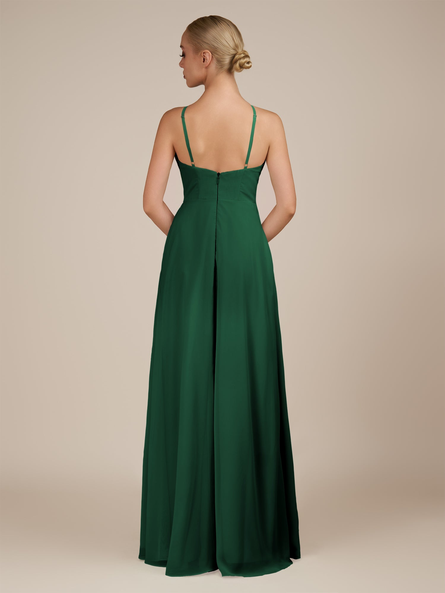 KissDress-Ione Emerald A Line Chiffon Halter Neck Long Bridesmaid Dress with Slit
