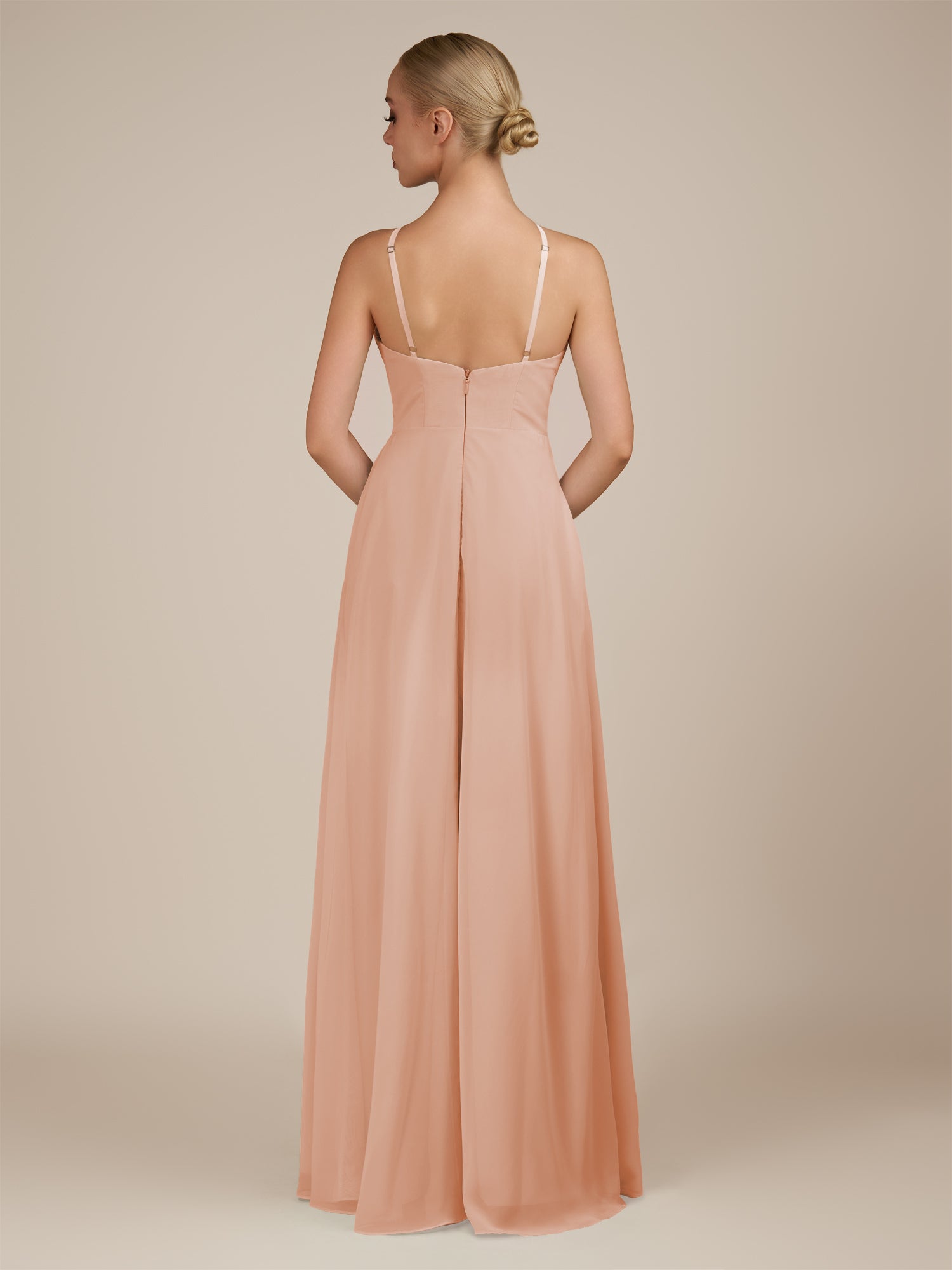 KissDress-Ione English Rose A Line Chiffon Halter Neck Long Bridesmaid Dress with Slit