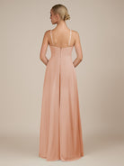 KissDress-Ione English Rose A Line Chiffon Halter Neck Long Bridesmaid Dress with Slit