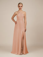 KissDress-Ione English Rose A Line Chiffon Halter Neck Long Bridesmaid Dress with Slit