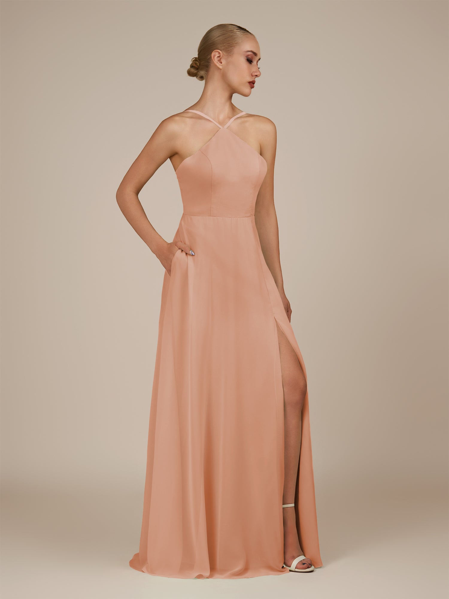 KissDress-Ione English Rose A Line Chiffon Halter Neck Long Bridesmaid Dress with Slit