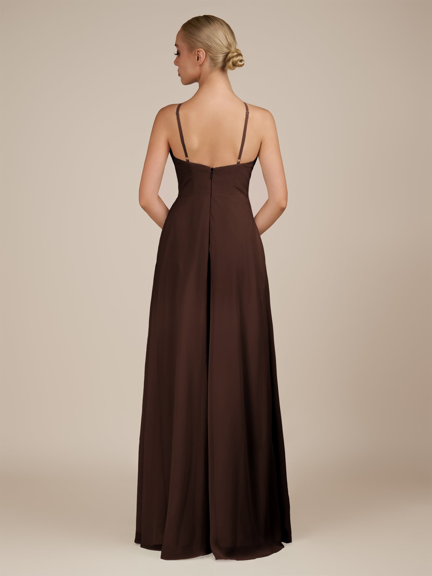 KissDress-Ione Espresso A Line Chiffon Halter Neck Long Bridesmaid Dress with Slit