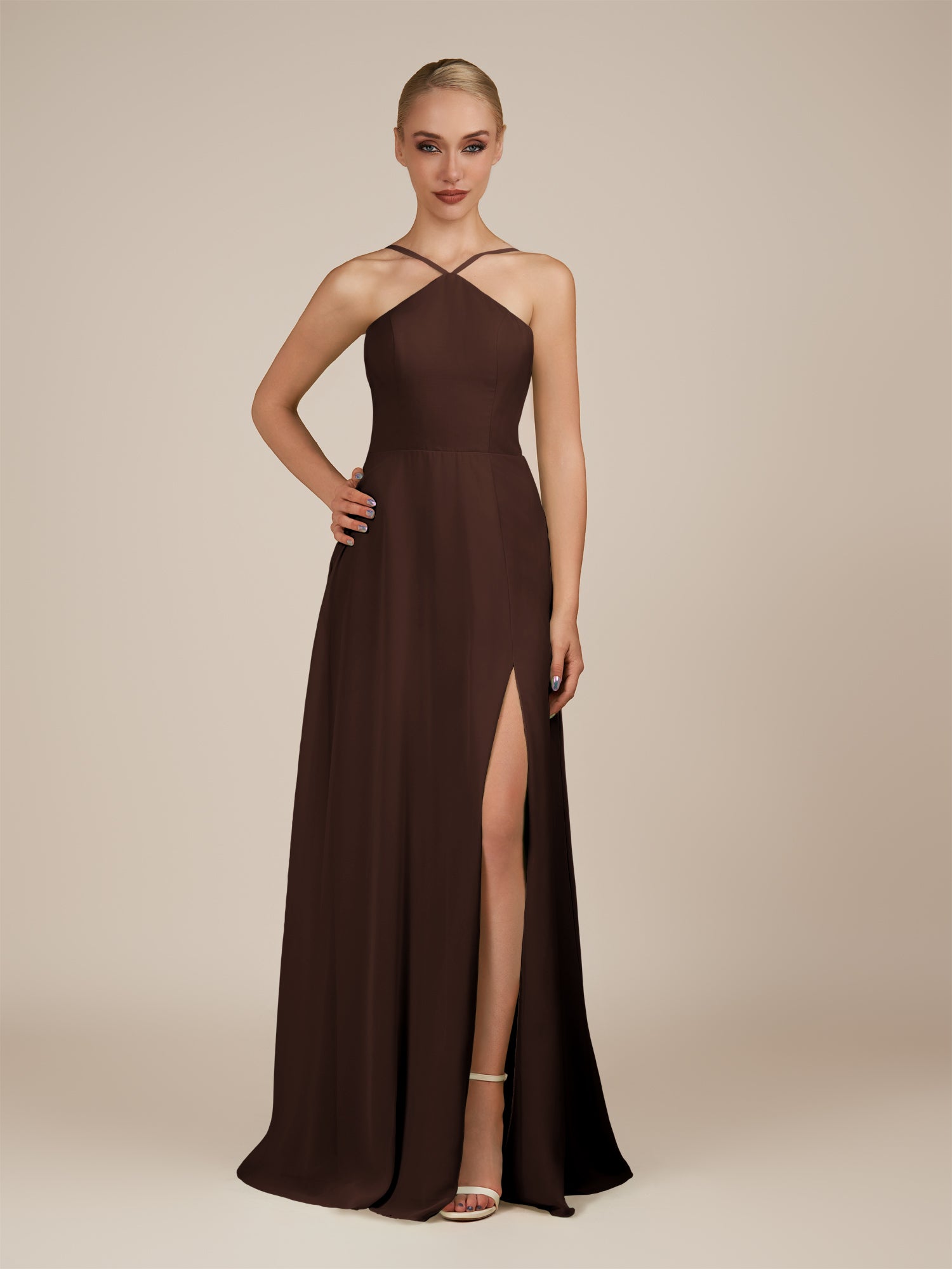 KissDress-Ione Espresso A Line Chiffon Halter Neck Long Bridesmaid Dress with Slit