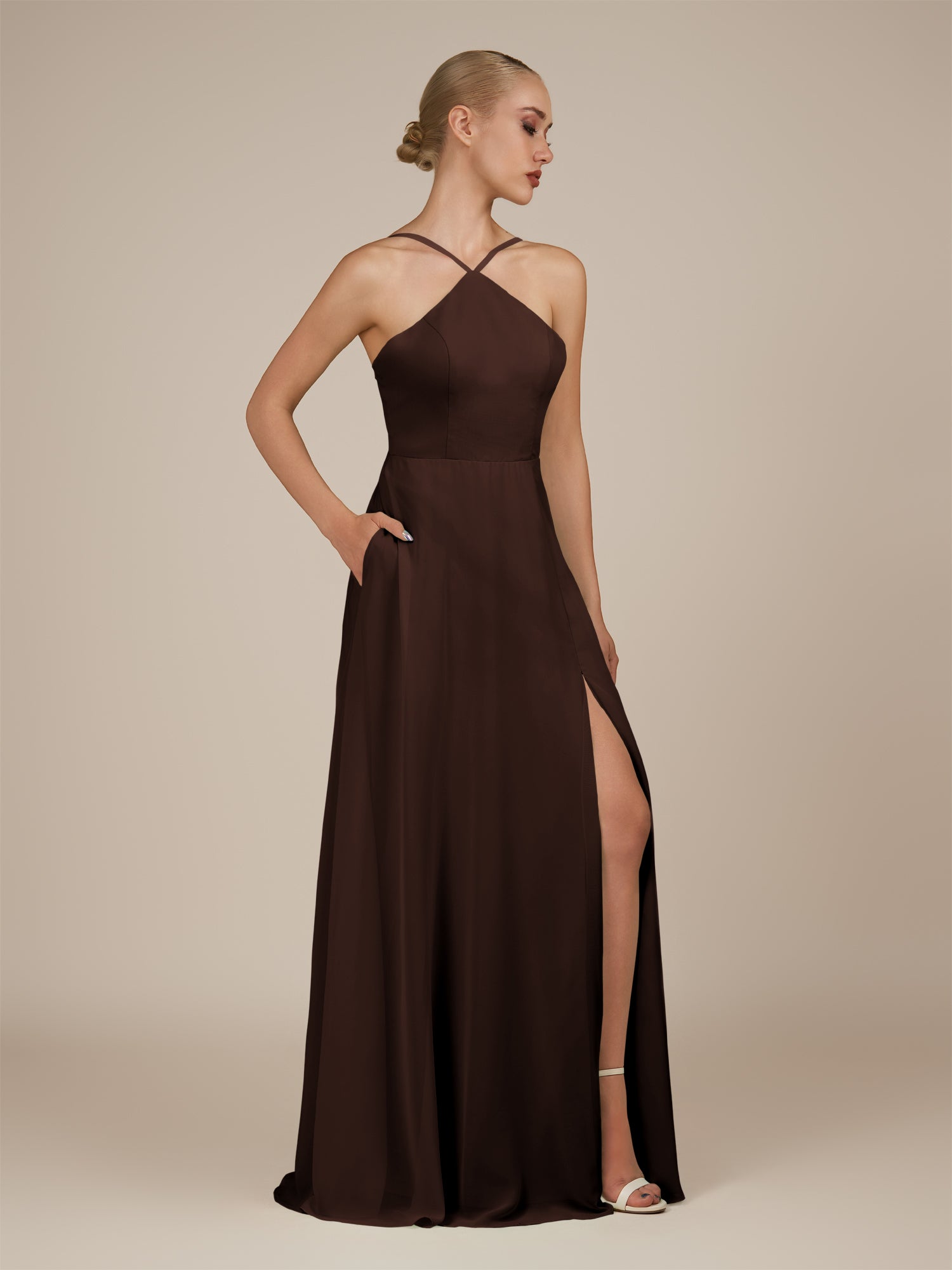 KissDress-Ione Espresso A Line Chiffon Halter Neck Long Bridesmaid Dress with Slit