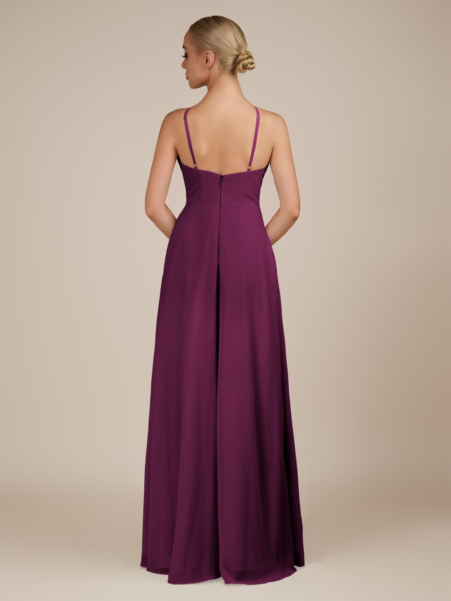 KissDress-Ione Fig A Line Chiffon Halter Neck Long Bridesmaid Dress with Slit