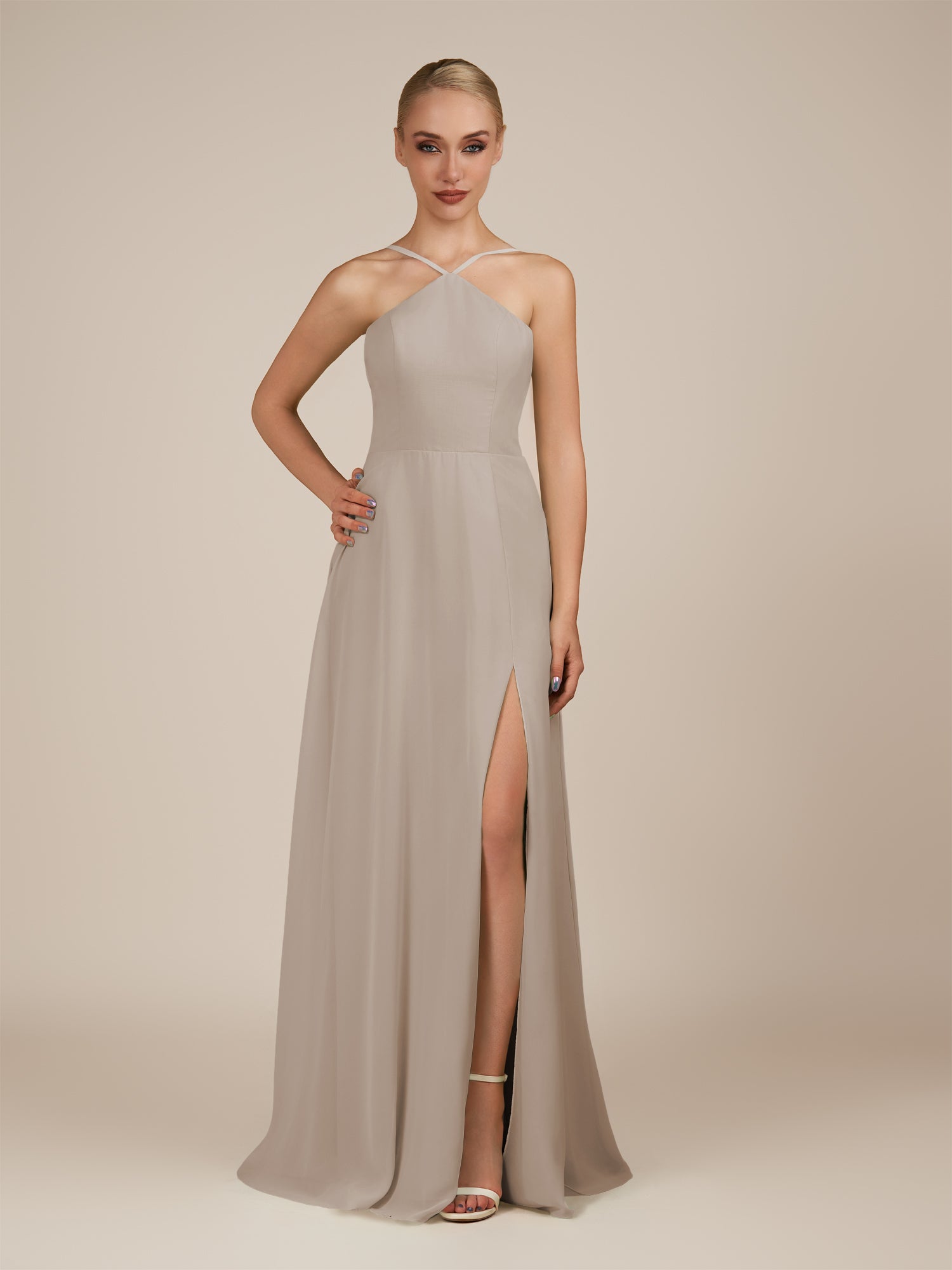 KissDress-Ione Frost A Line Chiffon Halter Neck Long Bridesmaid Dress with Slit
