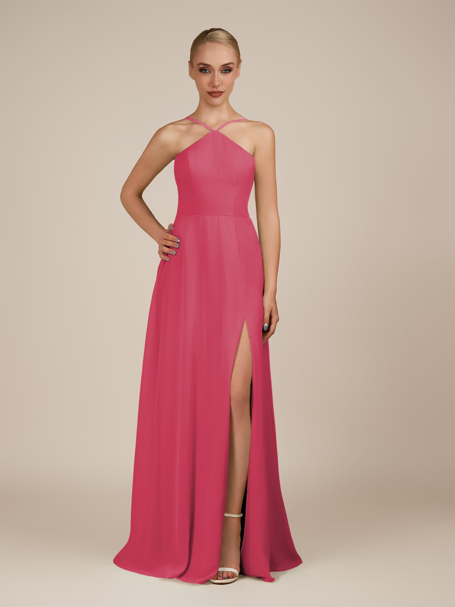 KissDress-Ione Fuchsia A Line Chiffon Halter Neck Long Bridesmaid Dress with Slit