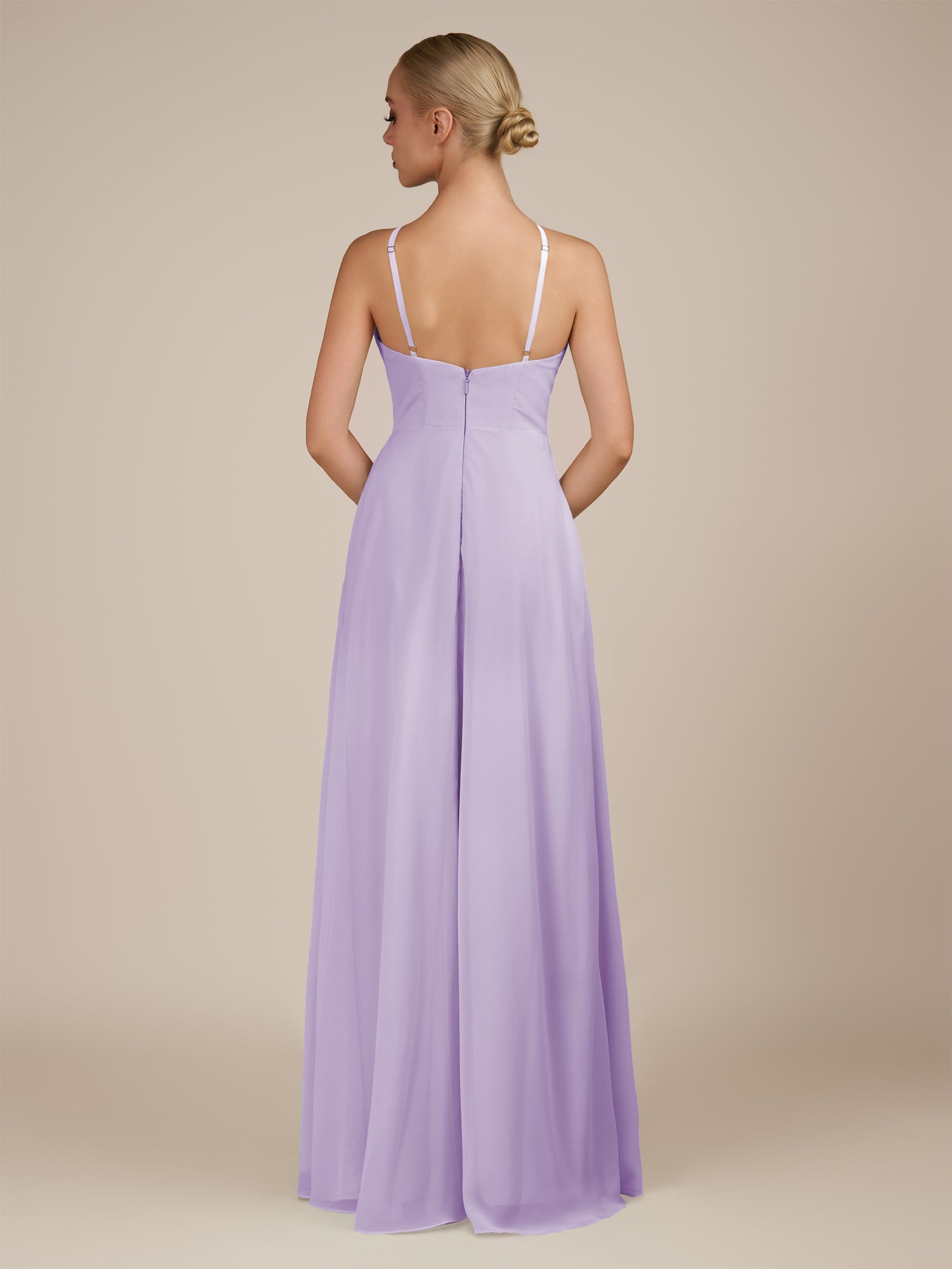 KissDress-Ione Lavender A Line Chiffon Halter Neck Long Bridesmaid Dress with Slit