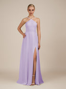 KissDress-Ione Lavender A Line Chiffon Halter Neck Long Bridesmaid Dress with Slit