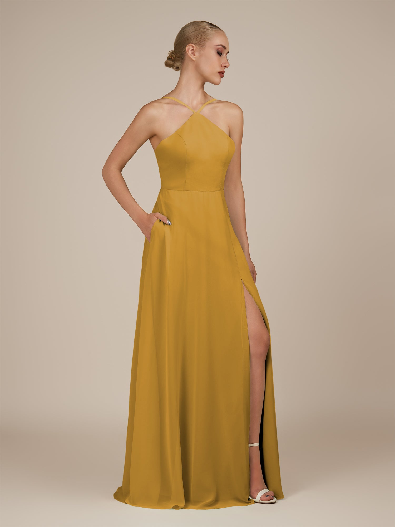 KissDress-Ione Marigold A Line Chiffon Halter Neck Long Bridesmaid Dress with Slit