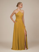 KissDress-Ione Marigold A Line Chiffon Halter Neck Long Bridesmaid Dress with Slit