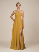 KissDress-Ione Marigold A Line Chiffon Halter Neck Long Bridesmaid Dress with Slit