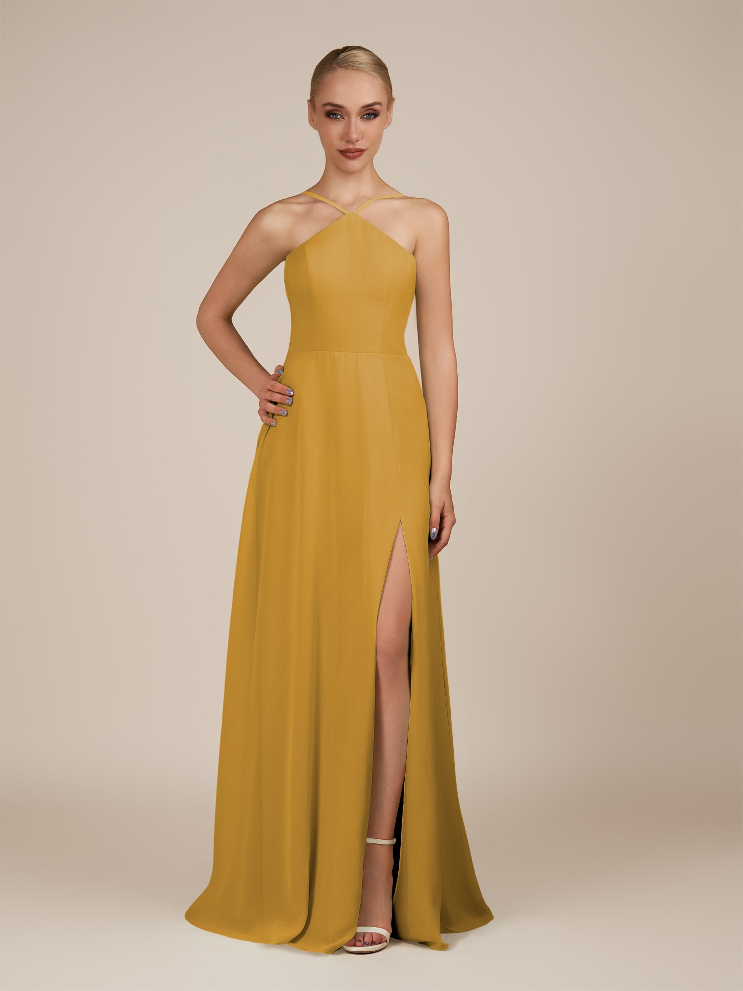KissDress-Ione Marigold A Line Chiffon Halter Neck Long Bridesmaid Dress with Slit