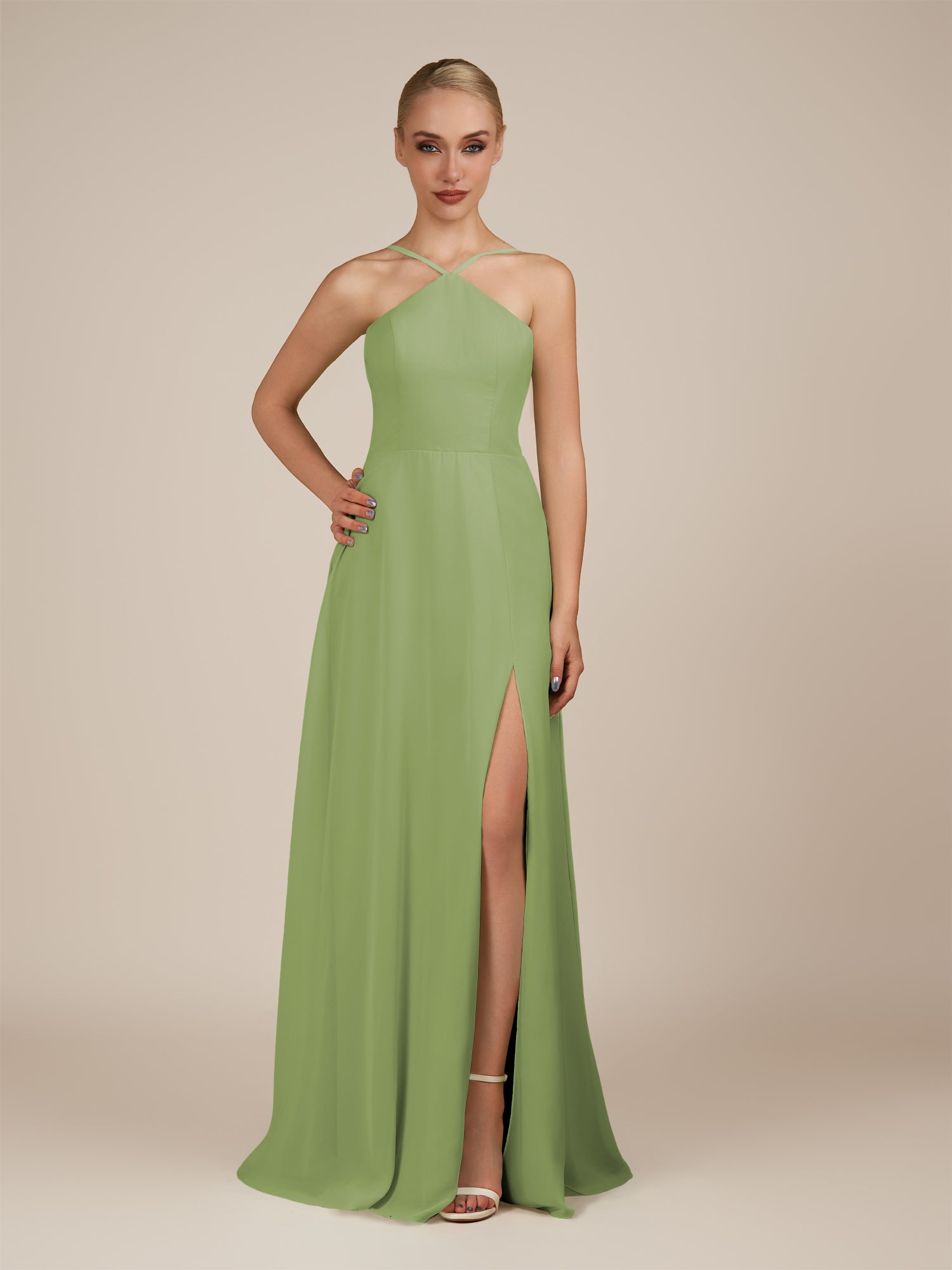 KissDress-Ione Matcha A Line Chiffon Halter Neck Long Bridesmaid Dress with Slit