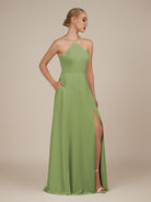 KissDress-Ione Matcha A Line Chiffon Halter Neck Long Bridesmaid Dress with Slit