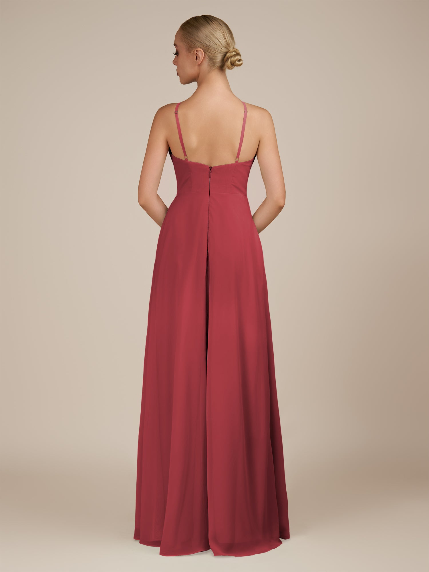 KissDress-Ione Merlot A Line Chiffon Halter Neck Long Bridesmaid Dress with Slit