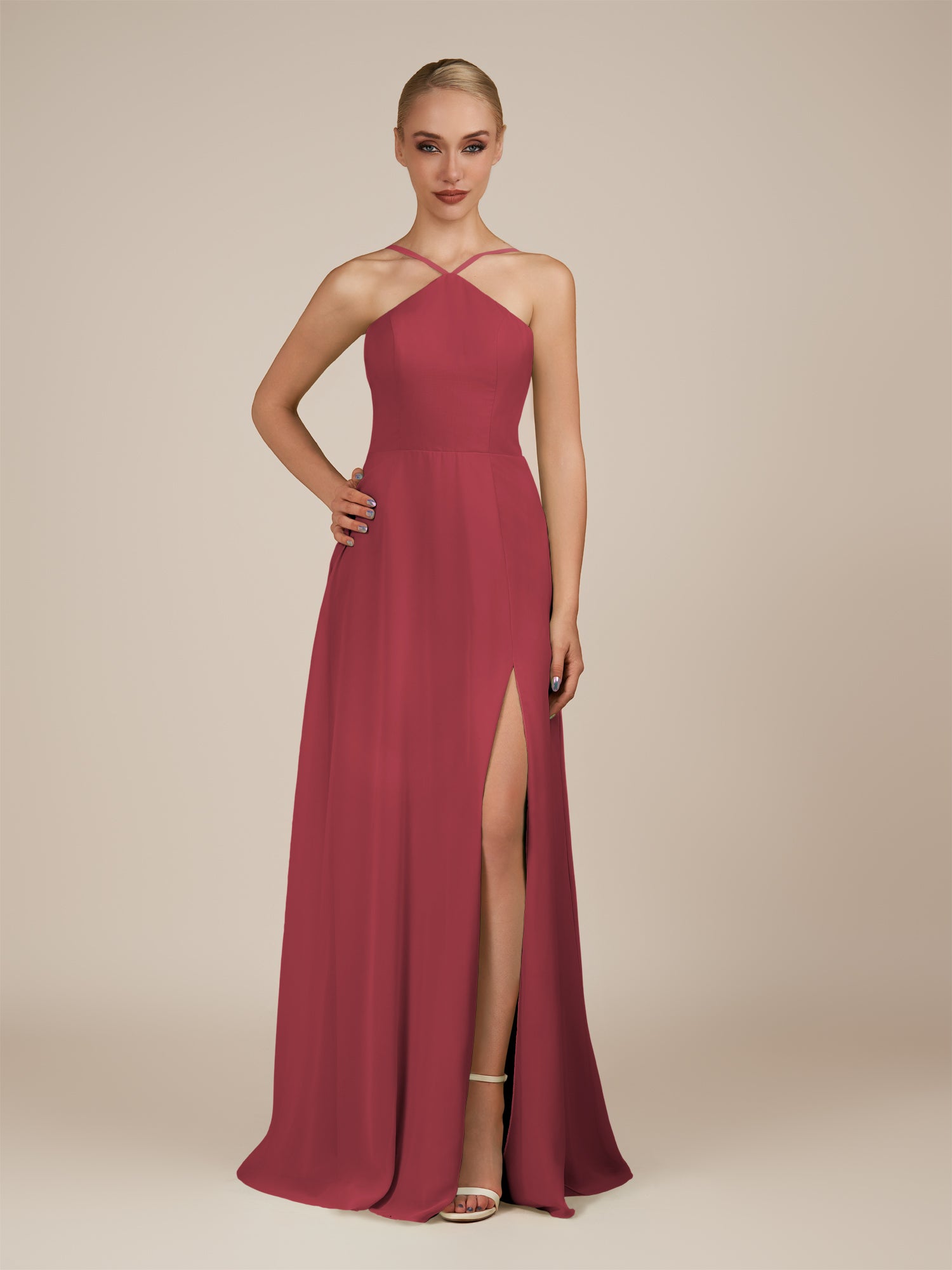 KissDress-Ione Merlot A Line Chiffon Halter Neck Long Bridesmaid Dress with Slit