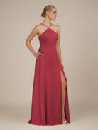 KissDress-Ione Merlot A Line Chiffon Halter Neck Long Bridesmaid Dress with Slit
