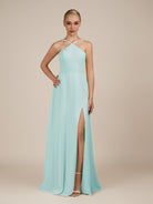 KissDress-Ione Mist A Line Chiffon Halter Neck Long Bridesmaid Dress with Slit