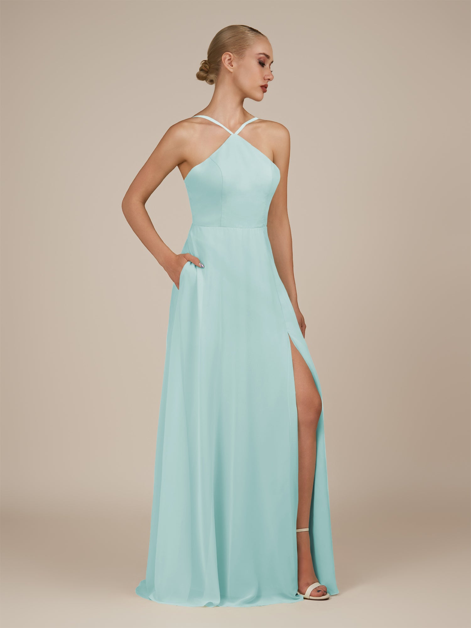 KissDress-Ione Mist A Line Chiffon Halter Neck Long Bridesmaid Dress with Slit