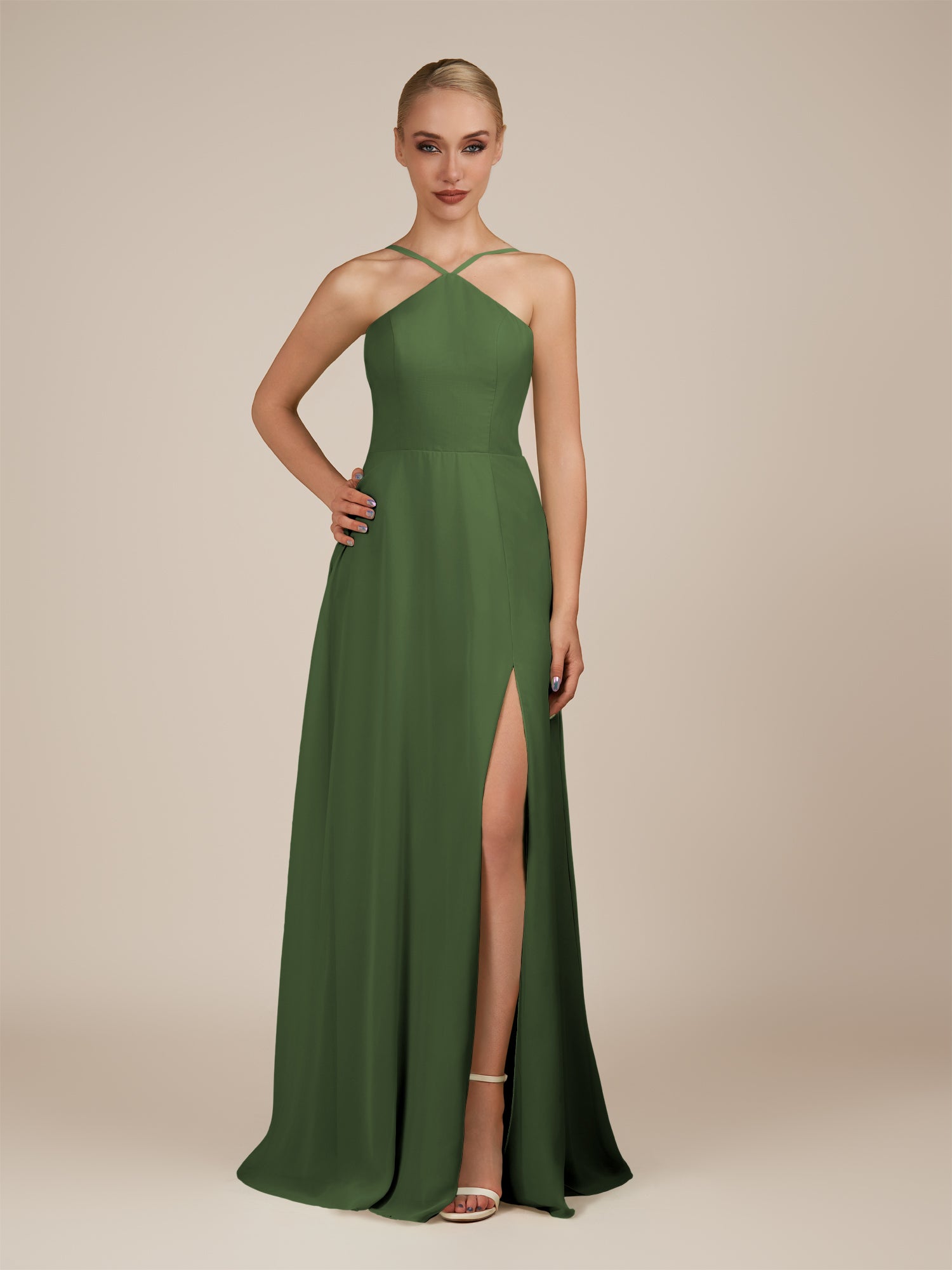 KissDress-Ione Moss A Line Chiffon Halter Neck Long Bridesmaid Dress with Slit