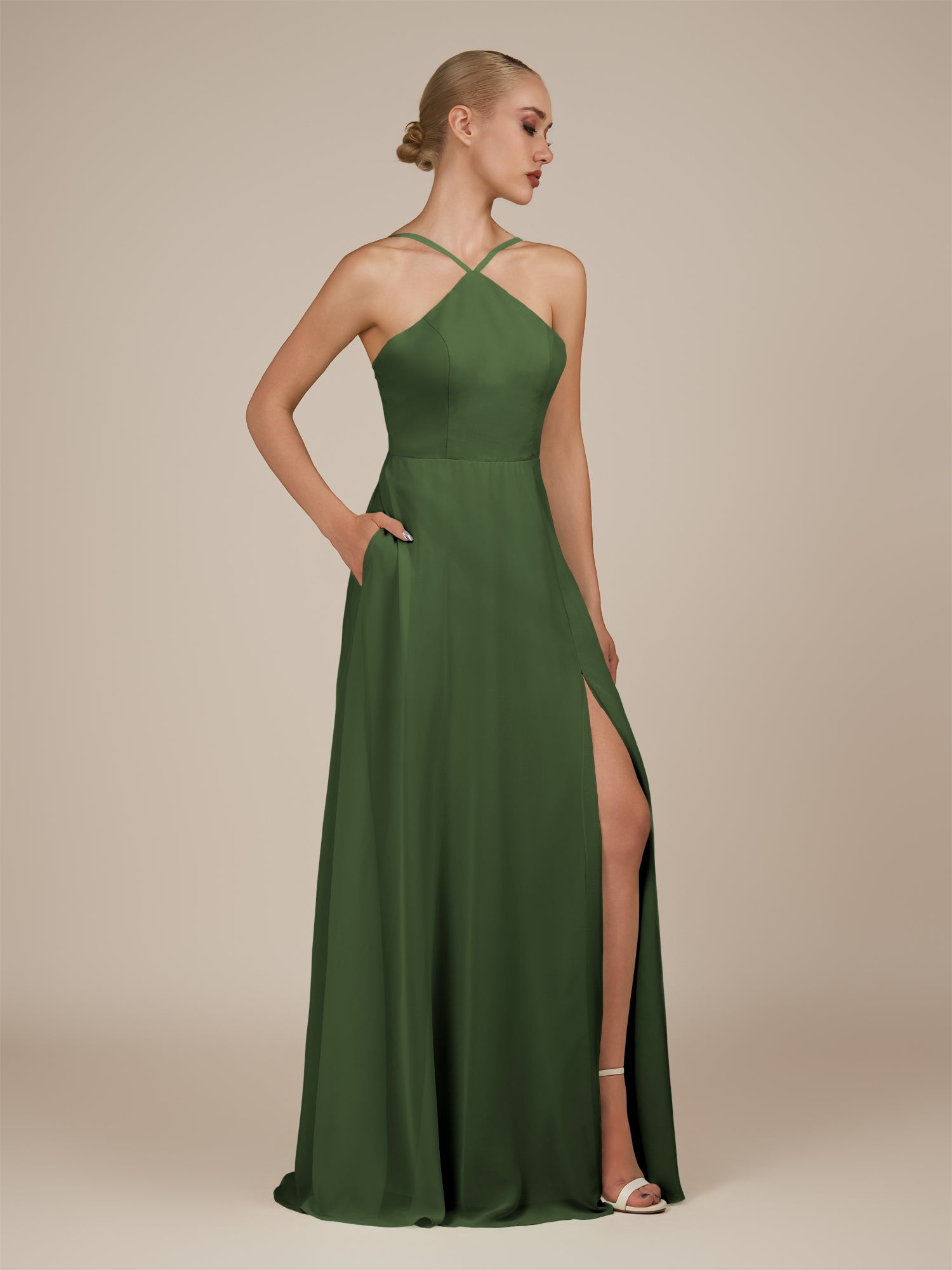 KissDress-Ione Moss A Line Chiffon Halter Neck Long Bridesmaid Dress with Slit