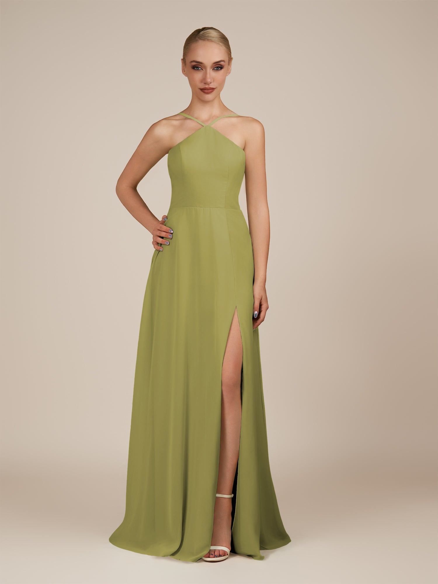KissDress-Ione Moss Green A Line Chiffon Halter Neck Long Bridesmaid Dress with Slit