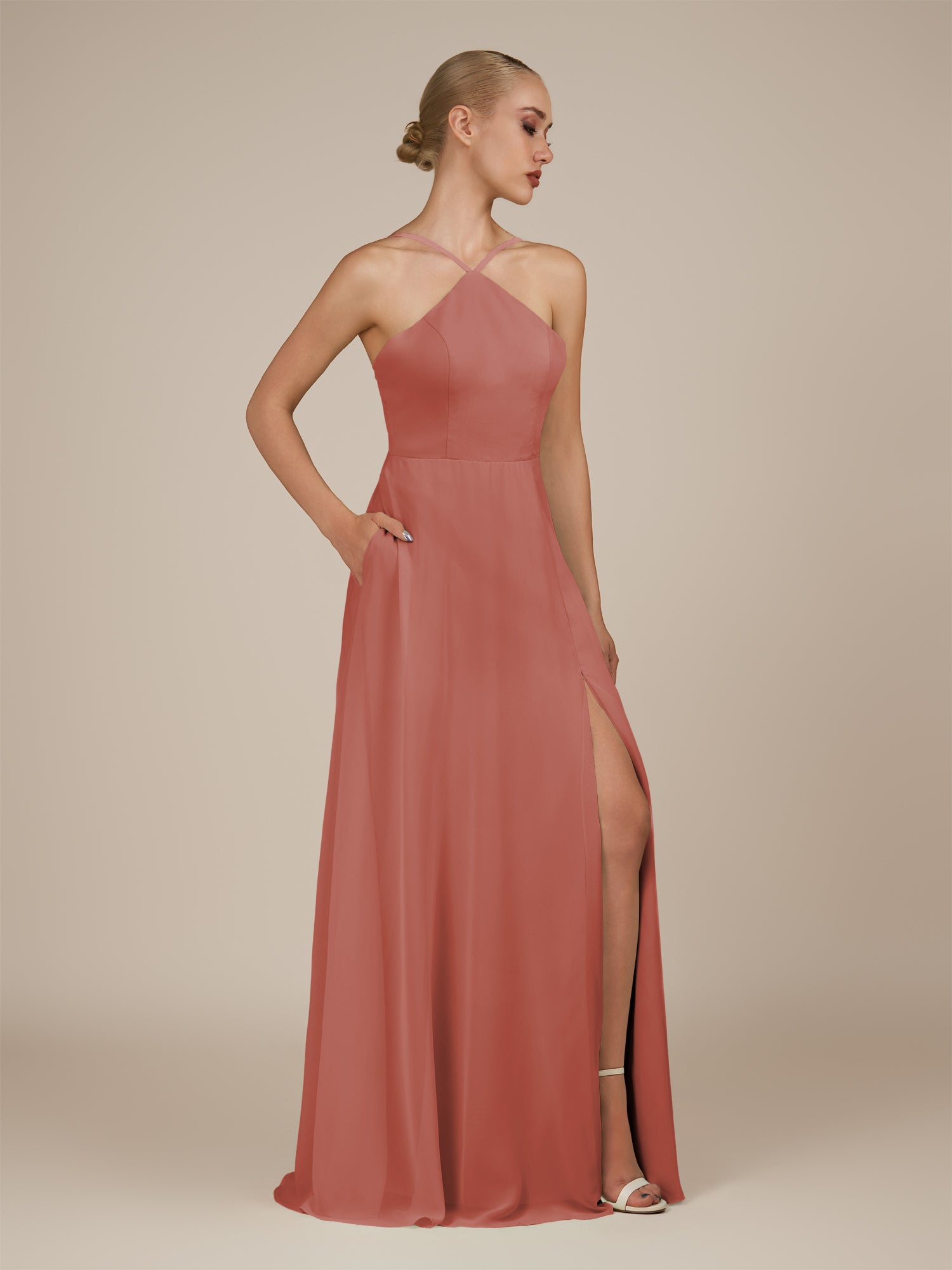 KissDress-Ione Mulberry A Line Chiffon Halter Neck Long Bridesmaid Dress with Slit