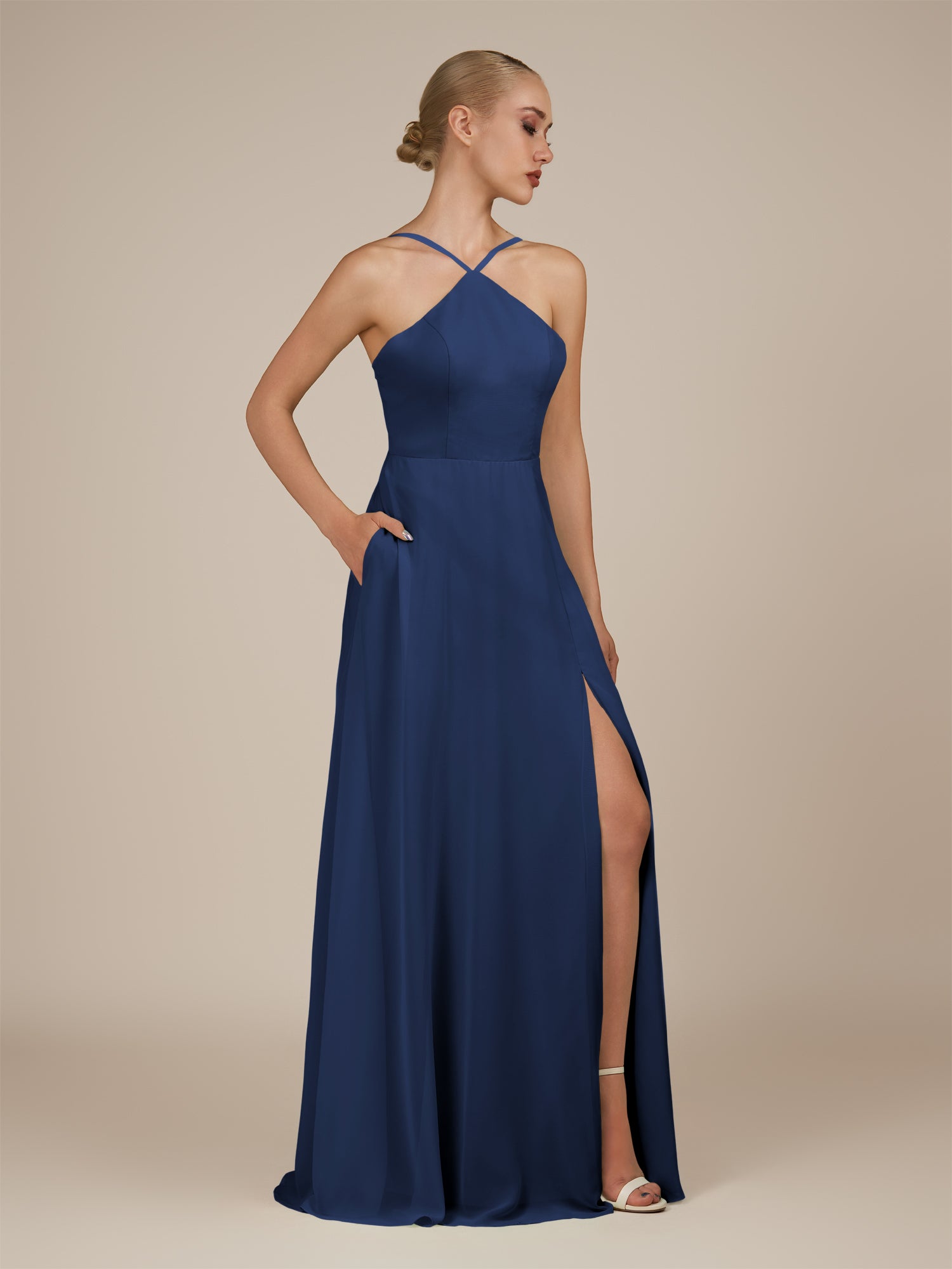 KissDress-Ione Navy A Line Chiffon Halter Neck Long Bridesmaid Dress with Slit