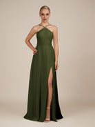KissDress-Ione Olive A Line Chiffon Halter Neck Long Bridesmaid Dress with Slit