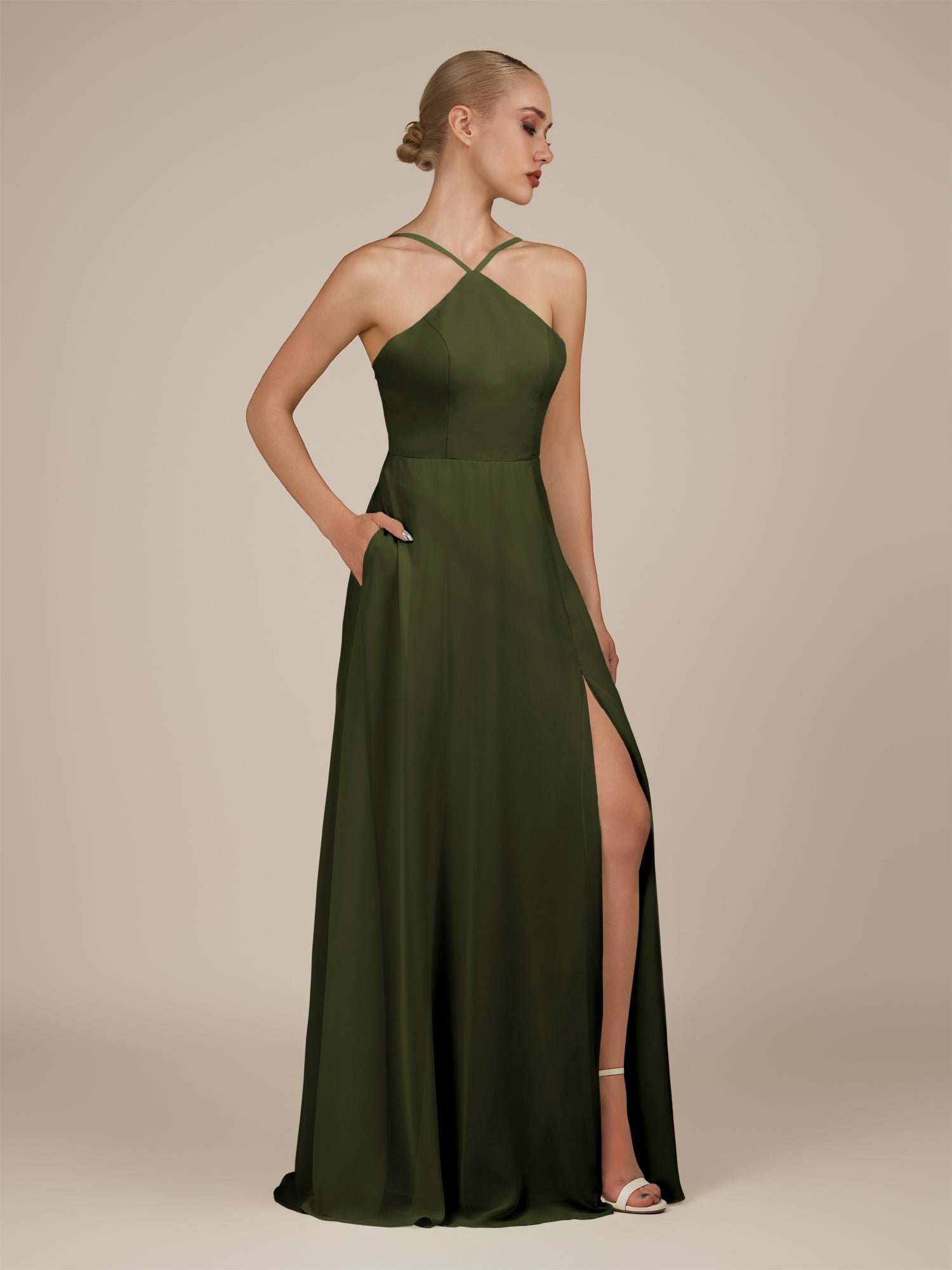 KissDress-Ione Olive A Line Chiffon Halter Neck Long Bridesmaid Dress with Slit