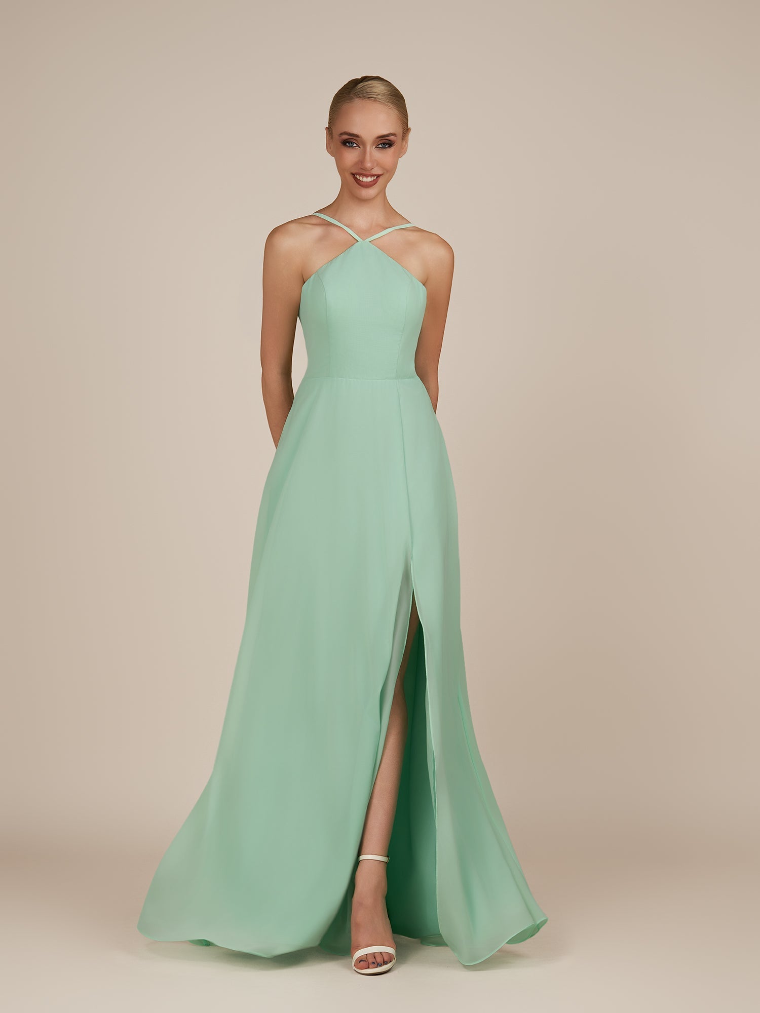 KissDress-Ione Pale Pistachio A Line Chiffon Halter Neck Long Bridesmaid Dress with Slit