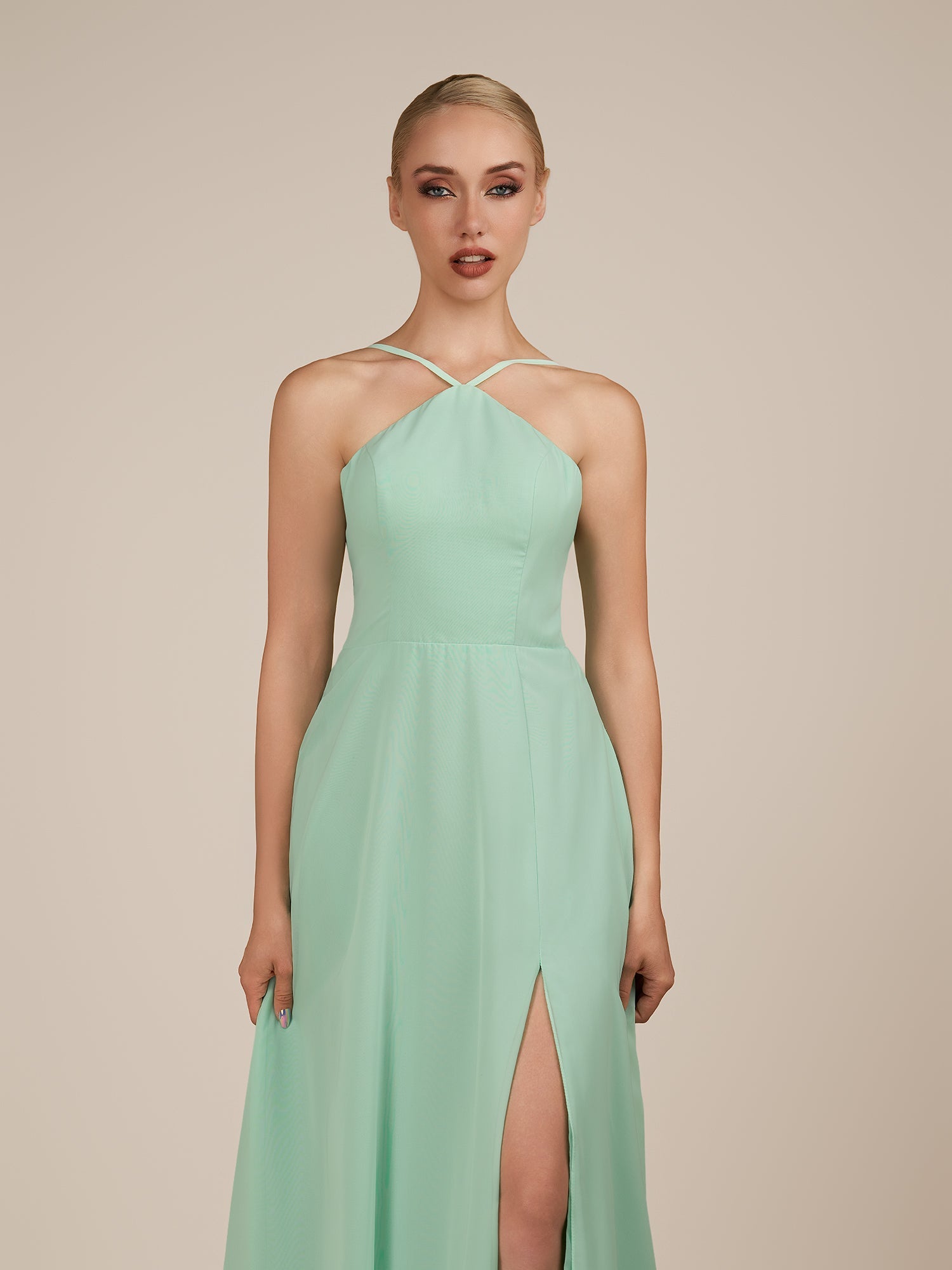 KissDress-Ione Pale Pistachio A Line Chiffon Halter Neck Long Bridesmaid Dress with Slit