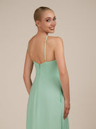 KissDress-Ione Pale Pistachio A Line Chiffon Halter Neck Long Bridesmaid Dress with Slit
