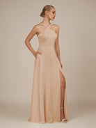 KissDress-Ione Pale Blush A Line Chiffon Halter Neck Long Bridesmaid Dress with Slit