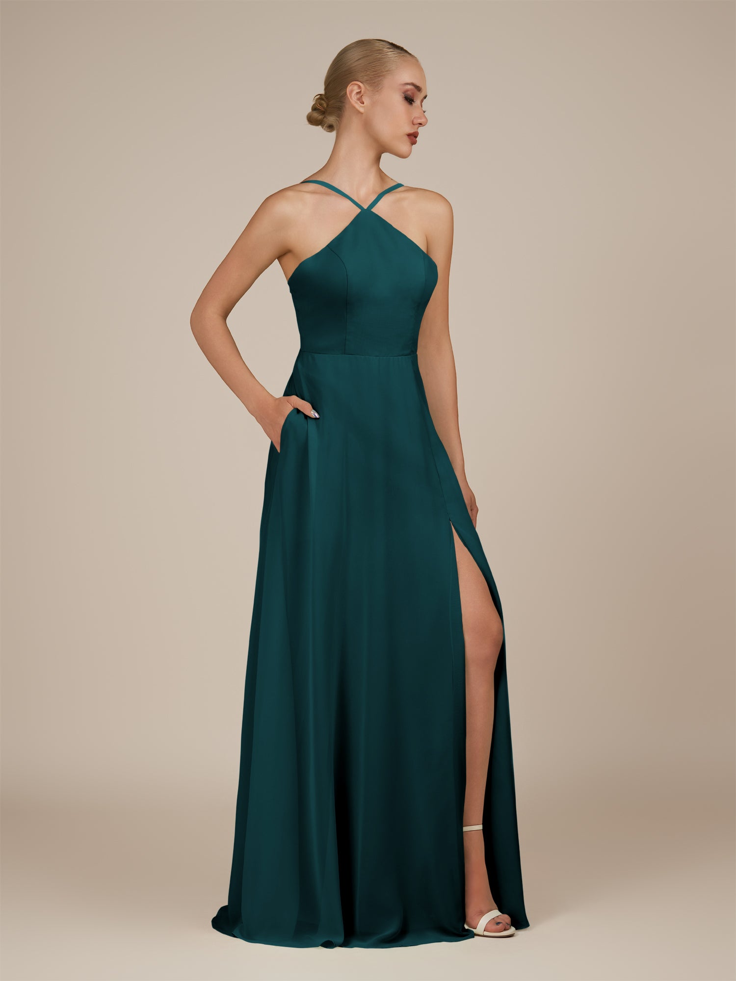 KissDress-Ione Pine A Line Chiffon Halter Neck Long Bridesmaid Dress with Slit