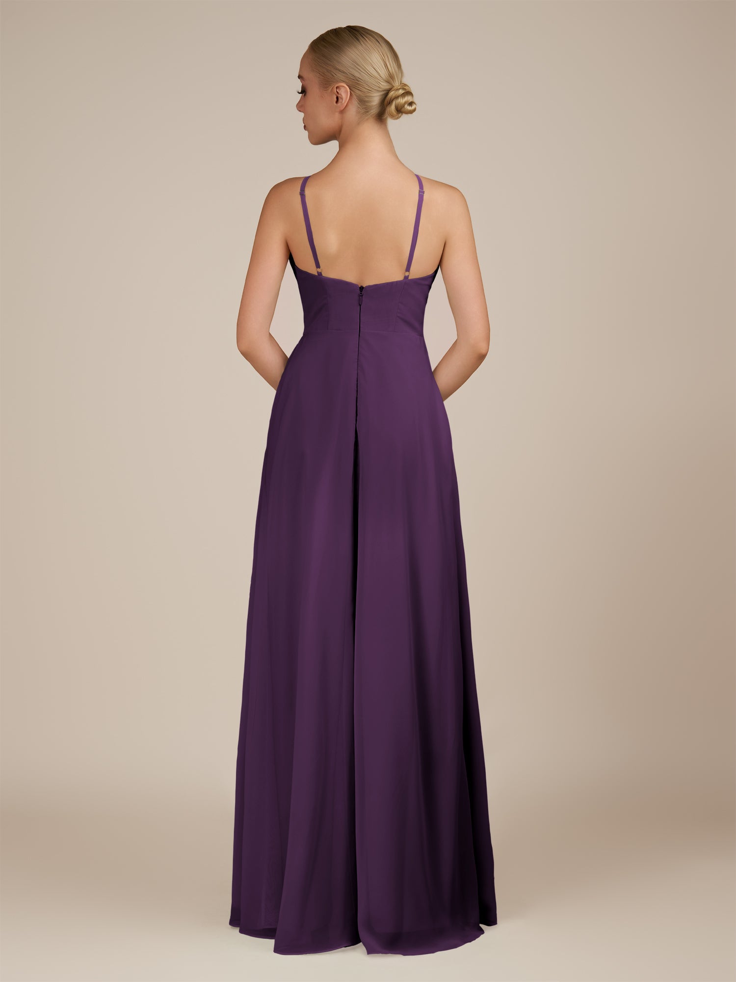 KissDress-Ione Plum A Line Chiffon Halter Neck Long Bridesmaid Dress with Slit