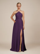 KissDress-Ione Plum A Line Chiffon Halter Neck Long Bridesmaid Dress with Slit