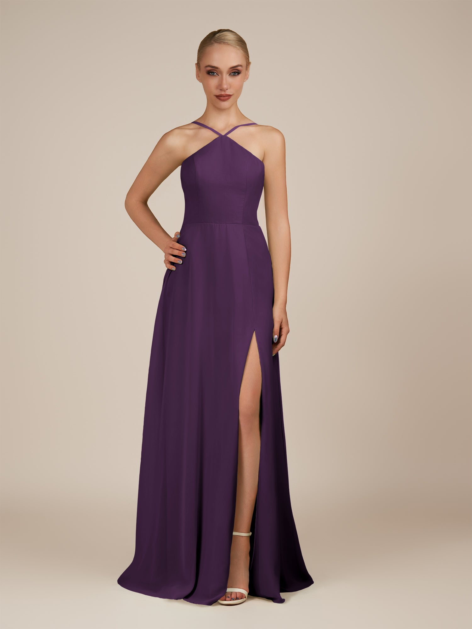 KissDress-Ione Plum A Line Chiffon Halter Neck Long Bridesmaid Dress with Slit