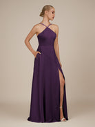 KissDress-Ione Plum A Line Chiffon Halter Neck Long Bridesmaid Dress with Slit
