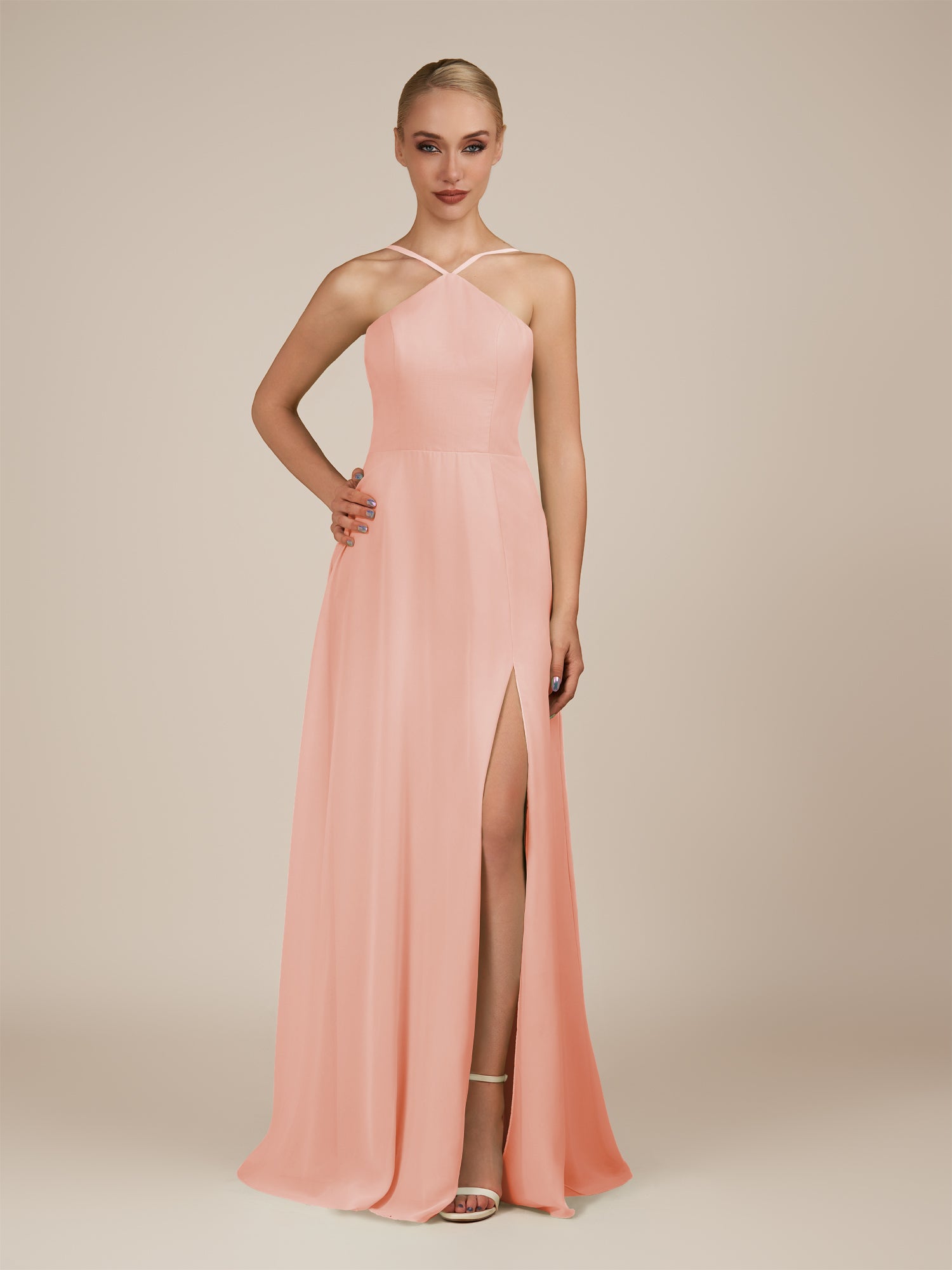 KissDress-Ione Rose Petal A Line Chiffon Halter Neck Long Bridesmaid Dress with Slit