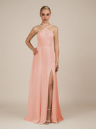 KissDress-Ione Rose Petal A Line Chiffon Halter Neck Long Bridesmaid Dress with Slit