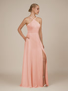KissDress-Ione Rose Petal A Line Chiffon Halter Neck Long Bridesmaid Dress with Slit