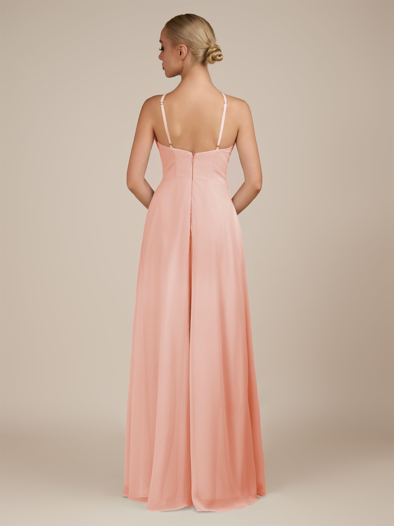 KissDress-Ione Rose Petal A Line Chiffon Halter Neck Long Bridesmaid Dress with Slit