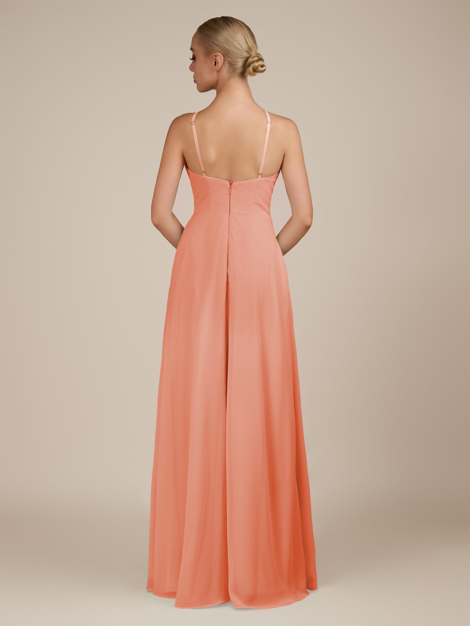 KissDress-Ione Rosette A Line Chiffon Halter Neck Long Bridesmaid Dress with Slit